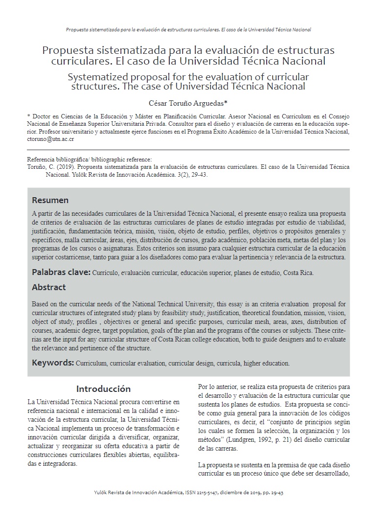 Propuesta de criterios de evaluación para estructuras curriculares de planes de estudio en la educación superior costarricense