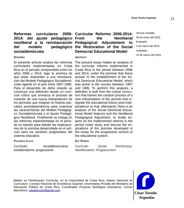 REFORMAS CURRICULARES 2006-2014: DEL AJUSTE PEDAGÓGICO NEOLIBERAL  A LA REINSTAURACIÓN DEL MODELO PEDAGÓGICO SOCIALDEMOCRATA.