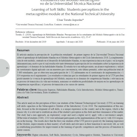 Artículo APRENDIZAJE DE HABILIDADES BLANDAS: PERCEPCIONES DE LOS ESTUDIANTES DEL MÓDULO METACOGNITIVO DE LA UNIVERSIDAD TÉCNICA NACIONAL