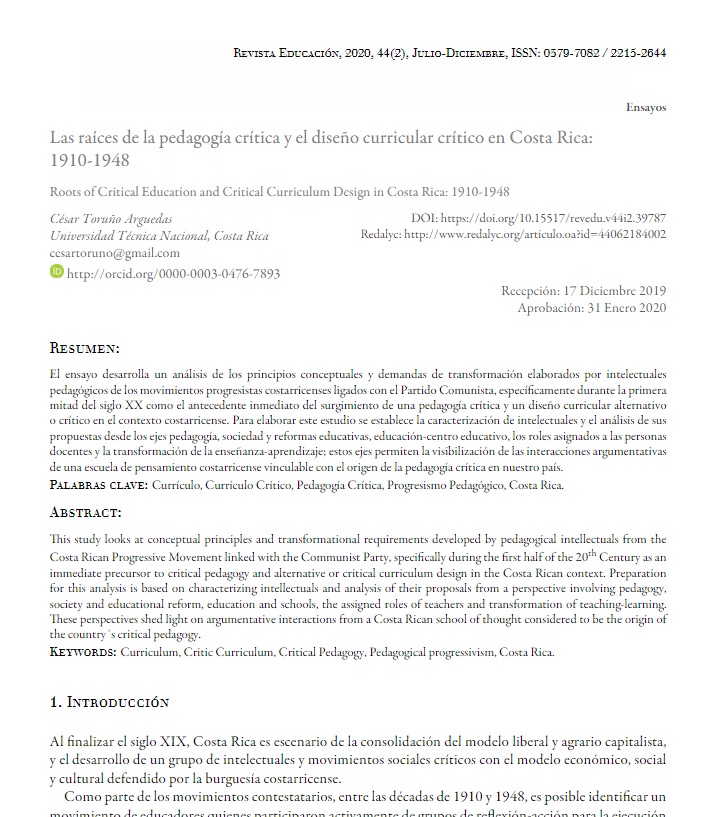 Ensayo: Las raíces de la pedagogía crítica y el diseño curricular crítico en Costa Rica: 1910-1948